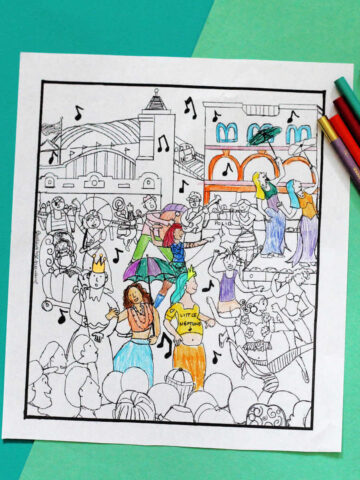 Mermaid parade coloring page and colored pencils