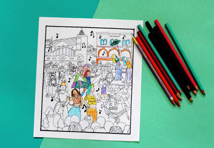 Mermaid parade coloring page and colored pencils