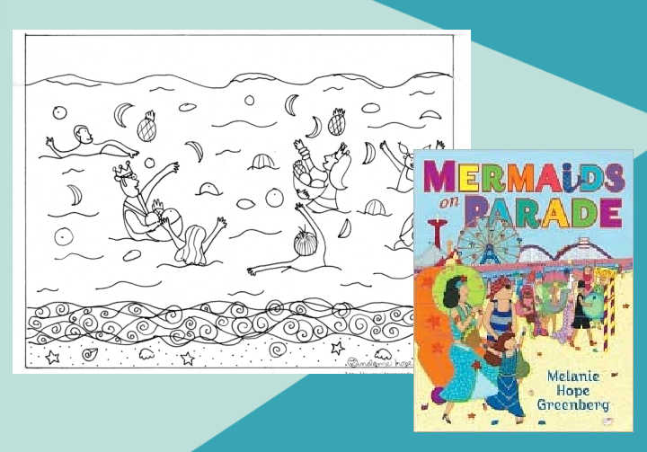 Summer solstice coloring page and Mermaids on Parade book cover