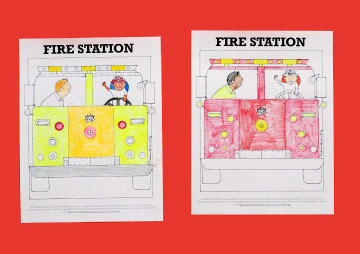 Two fire truck coloring pages, one with fire truck colored yellow, the other red.