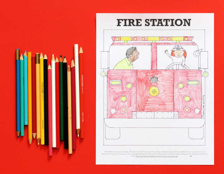 Fire truck coloring page and colored pencils