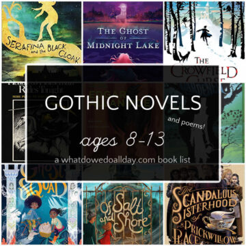 Collage of children's books with text overlay that reads, "Gothic Novels and poems ages 8-13".