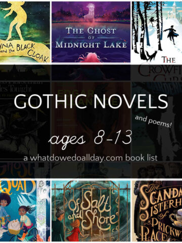 Collage of children's books with text overlay that reads, "Gothic Novels and poems ages 8-13".