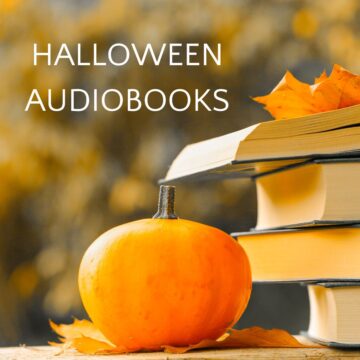 Pumpkin next to a stack of books with text "Halloween Audiobooks"
