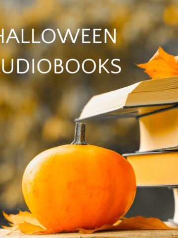 Pumpkin next to a stack of books with text "Halloween Audiobooks"