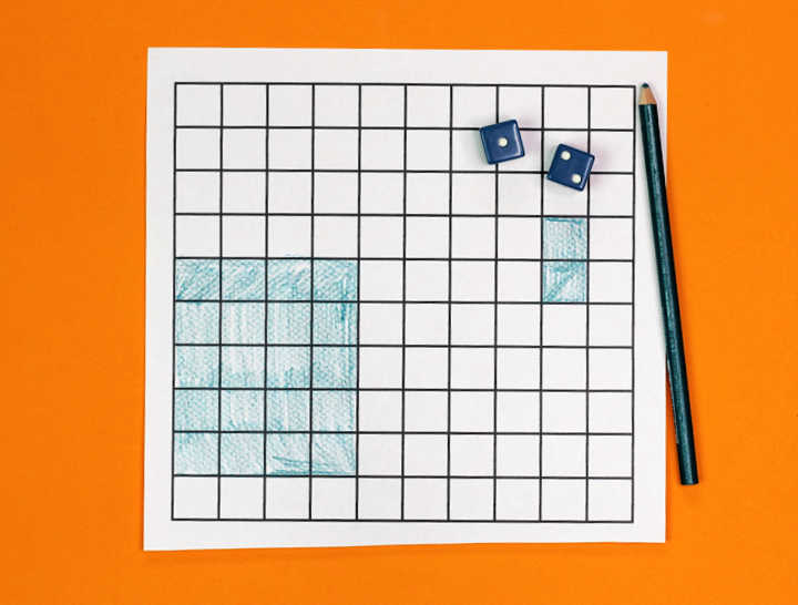 Grid with shaded squares and 2 dice with pencil