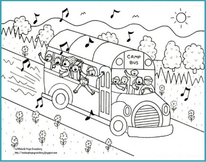 Campers on camp bus coloring page