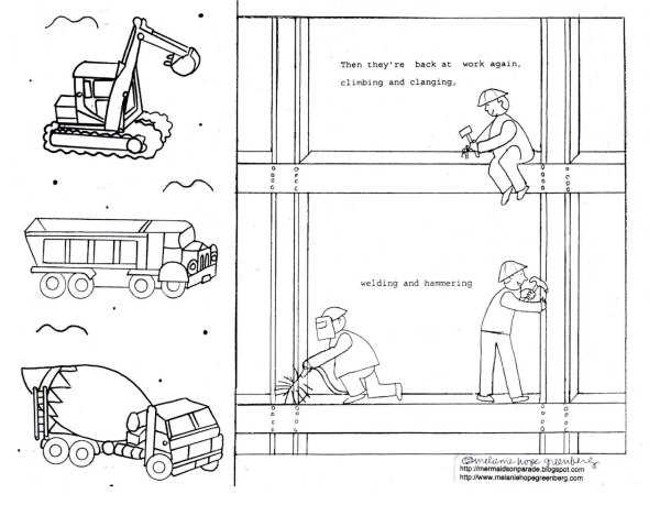 Construction truck and workmen coloring page