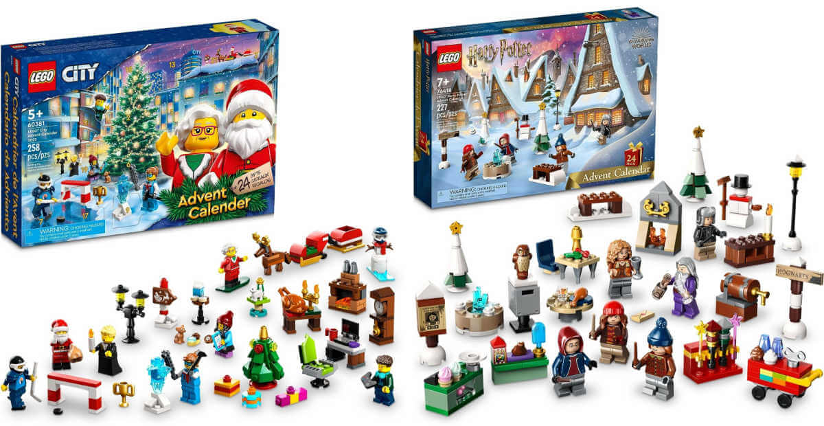 Side by side Lego Advent calendars showing boxes and all the mini builds
