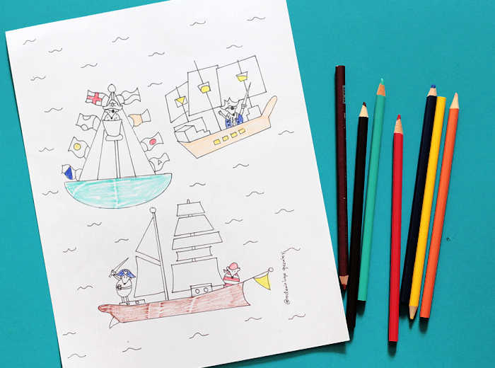 Pirate ship coloring page with colored pencils