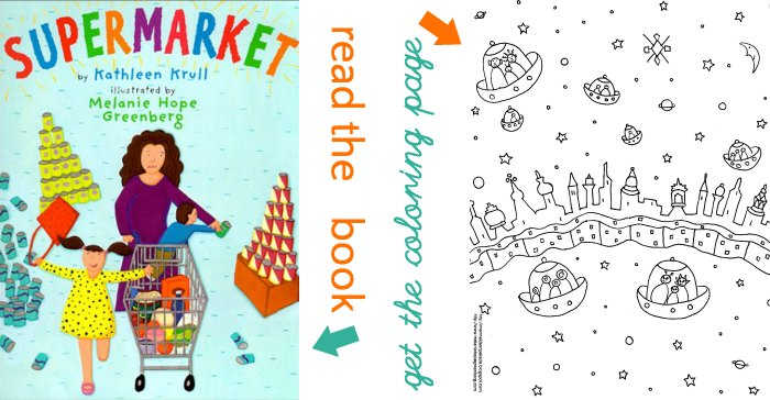 Supermarket book cover and alien UFO coloring page