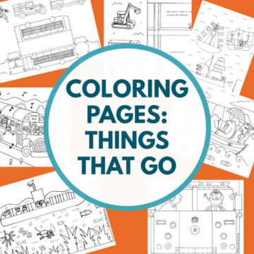 Collage of uncolored transportation themed coloring pages