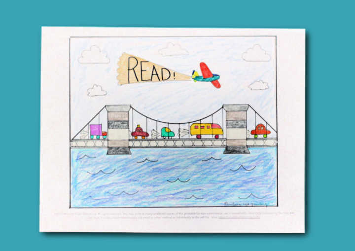 Colored in airplane coloring page with banner saying "read"
