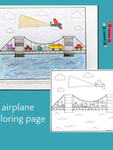Two versions of an airplane coloring page, blank and colorful