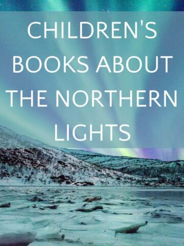 Aurora borealis display with text overlay children's books about the northern lights