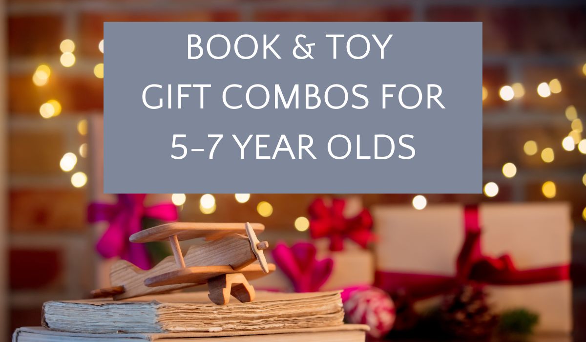 Christmas photo of toy on stack of books with text overlay, book and toy gift combos for 5-7 year olds.