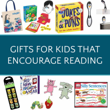 Collage of reading accessories with text overlay that reads, Gifts for kids that encourage reading.