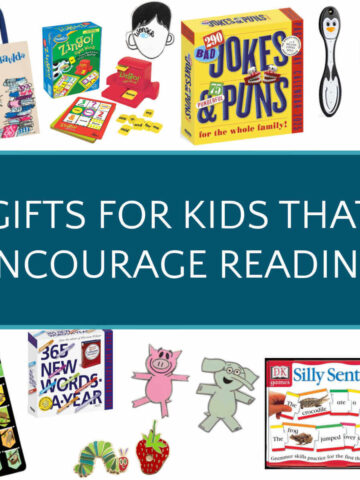 Collage of reading accessories with text overlay that reads, Gifts for kids that encourage reading.