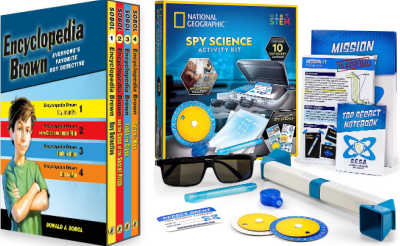 Encyclopedia Brown book set and National Geographic Spy Science Kit on display.