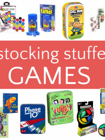 Collage of small games with text overlay, stocking stuffer games.