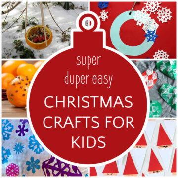 Collage of Christmas crafts with text overlay, "super duper easy Christmas Crafts for Kids"