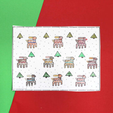 Reindeer coloring page on red and green background