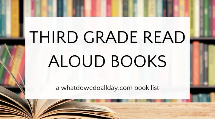 Bookshelf with text overlay, "third grade read aloud books"