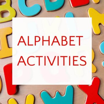 Row of wooden letters in puzzle with text box overlay, "Alphabet Activities"