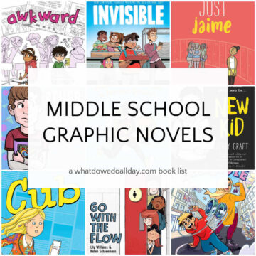 Collage of book covers with text overlay, "middle school graphic novels"