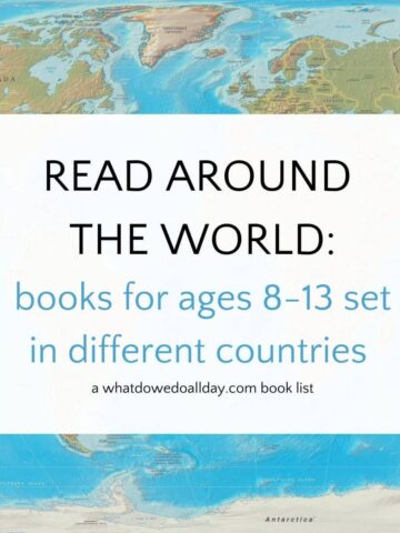 World map with text overlay "Read Around the World books for ages 8-13 set in different countries"