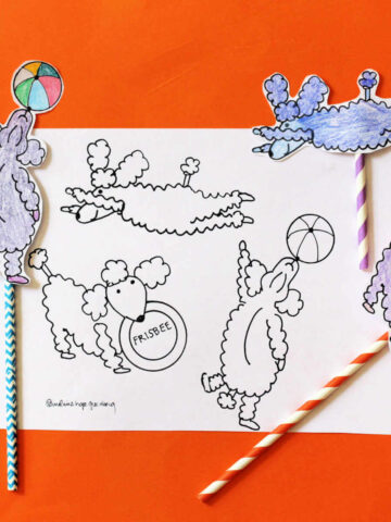 Poodle coloring page and three finished poodle stick puppets