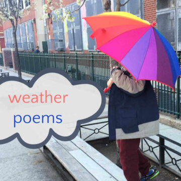 Boy with rainbow umbrella and text in a cloud "weather poems"