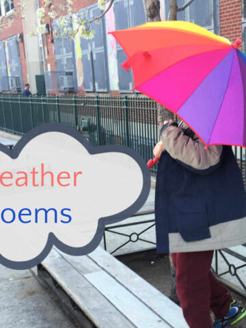 Boy with rainbow umbrella and text in a cloud "weather poems"