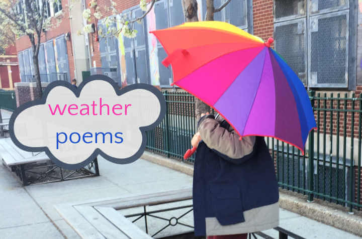 Boy with rainbow umbrella and text in a cloud "weather poems"