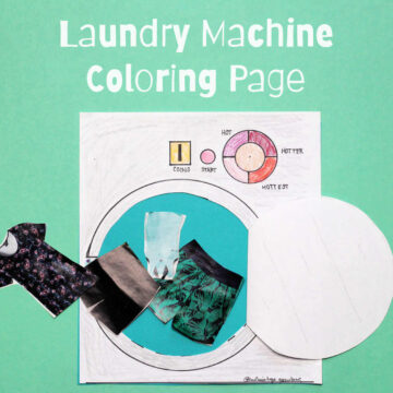 Finished laundry machine coloring page with magazine clothes cut outs