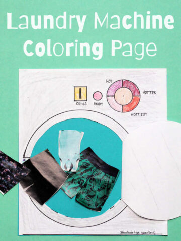 Finished laundry machine coloring page with magazine clothes cut outs