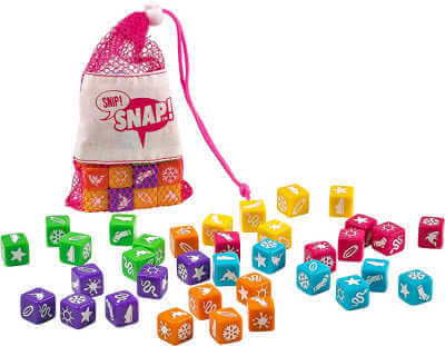 Snip Snap matching dice game and colored dice in a bag