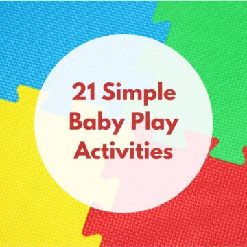 Baby play mat with text overlay in a circle, "21 Simple Baby Play Activities"