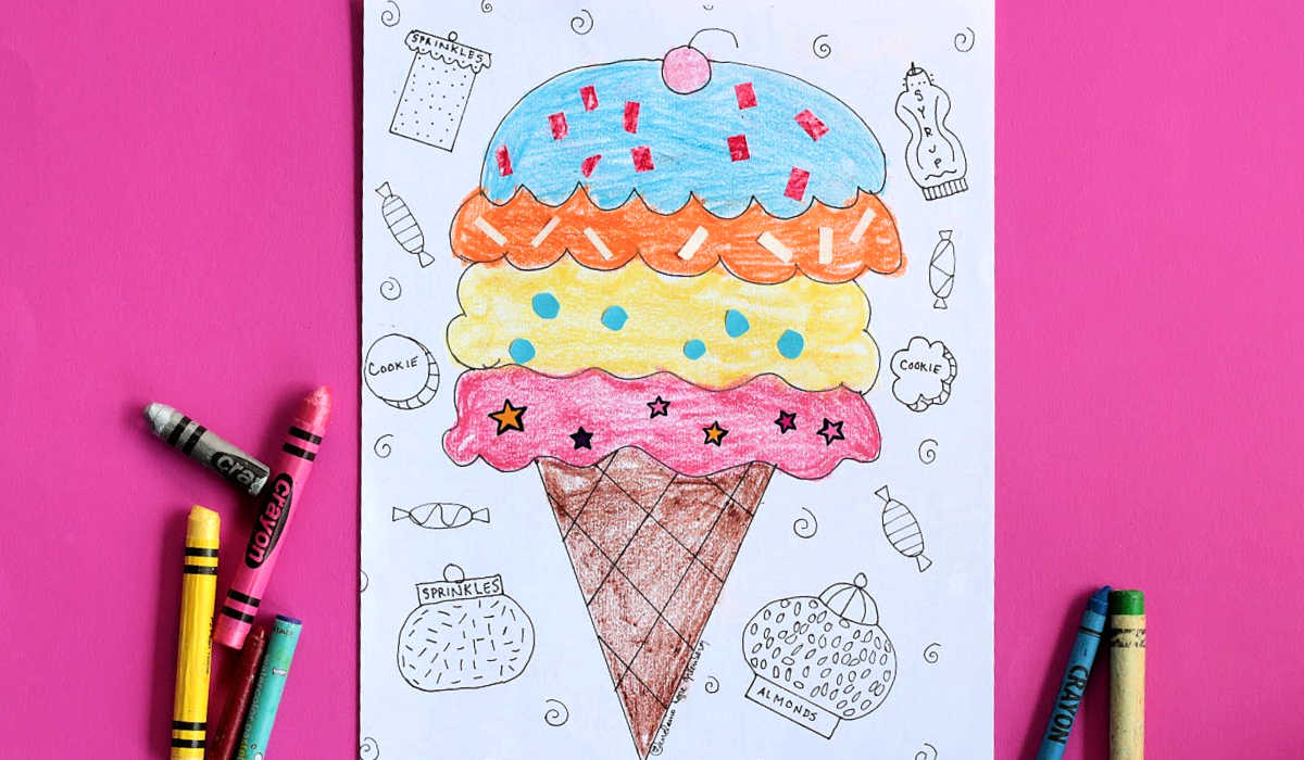 Colored in ice cream coloring page with crayons