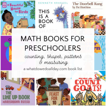 Math books for preschoolers in a collage of book covers with text overlay
