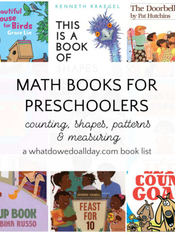 Math books for preschoolers in a collage of book covers with text overlay