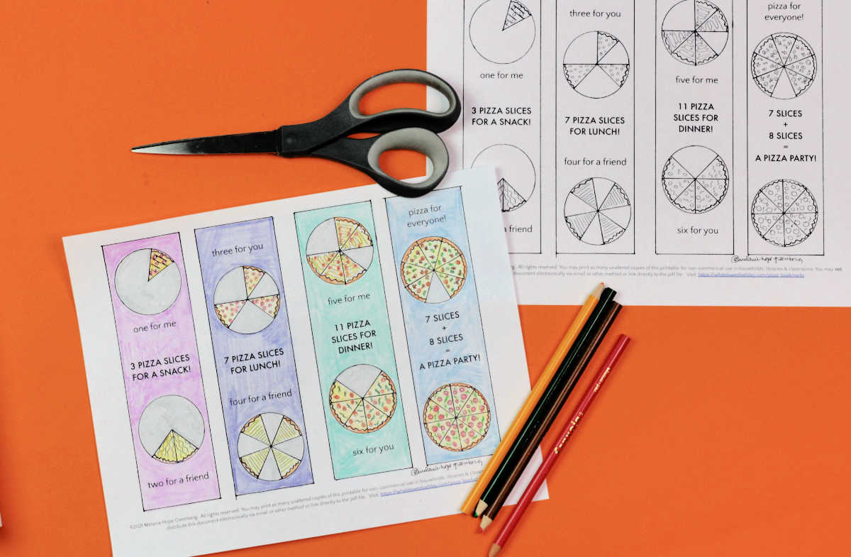 Pizza party bookmark coloring pages with scissors and colored pencils