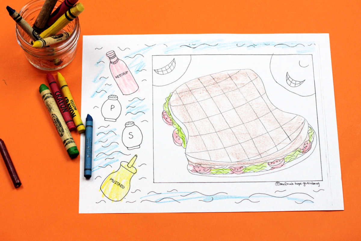 Colorful sandwich coloring page with crayons