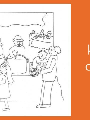 Soup kitchen coloring page on orange background