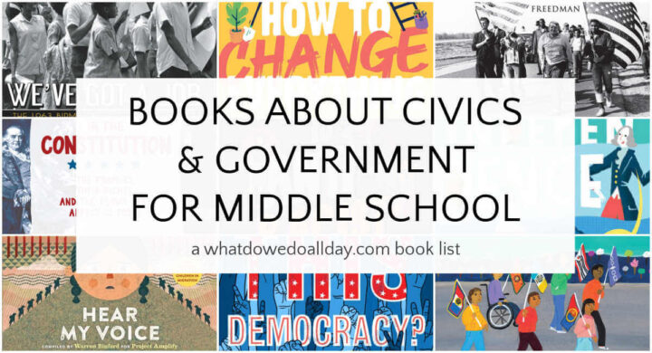 Collage of civics and government books for middle school