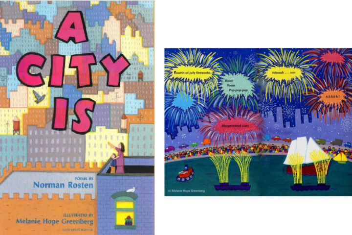 A City Is book cover side by side with interior illustration of fireworks
