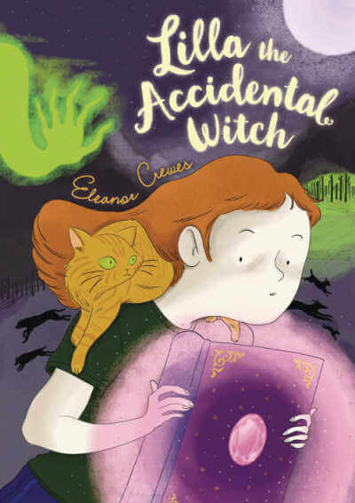 Lilla the Accidental Witch graphic novel book cover with young girl clutching purple magic book and cat on her shoulder.