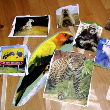 Magazine animal stick puppets laid out on table.