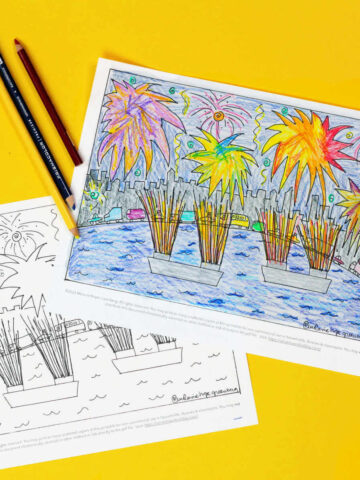 Two Fireworks coloring pages and colored pencils