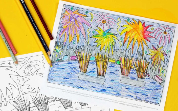 Fireworks coloring page filled in with colored pencils